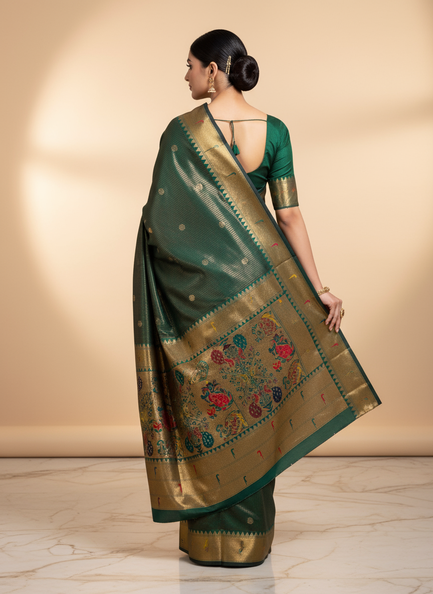 Paithani Silk Saree - Green with Silver Line