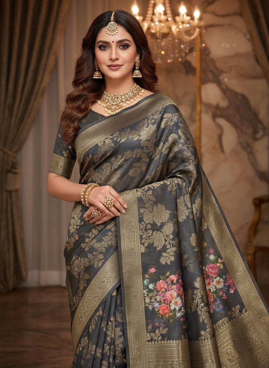 Pattu Silk Floral Printed Saree - Grey