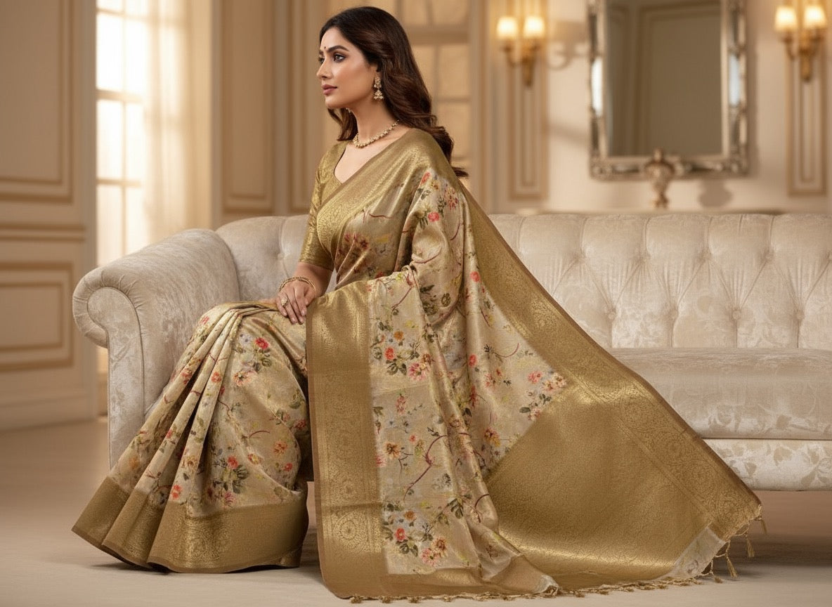 Pattu Silk Floral Printed Saree - Gold