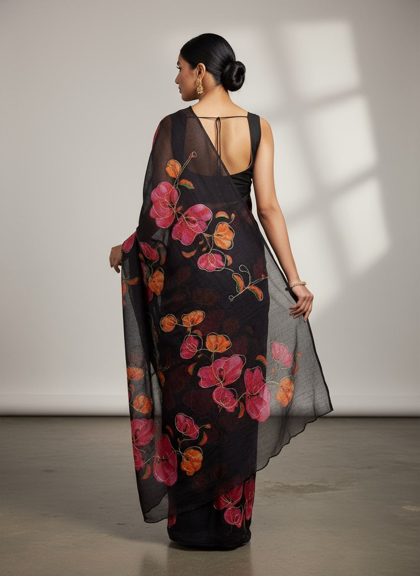 Serene Weave Linen Cotton Saree - Black