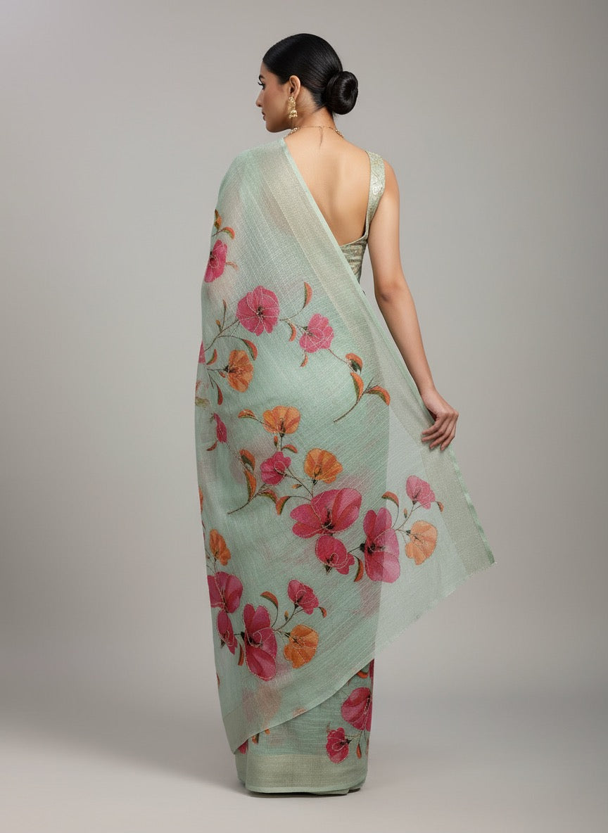 Serene Weave Linen Cotton Saree - Pastel Green