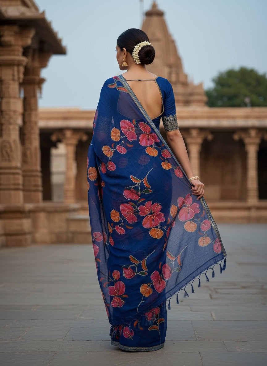 Serene Weave Linen Cotton Saree - Royal Blue