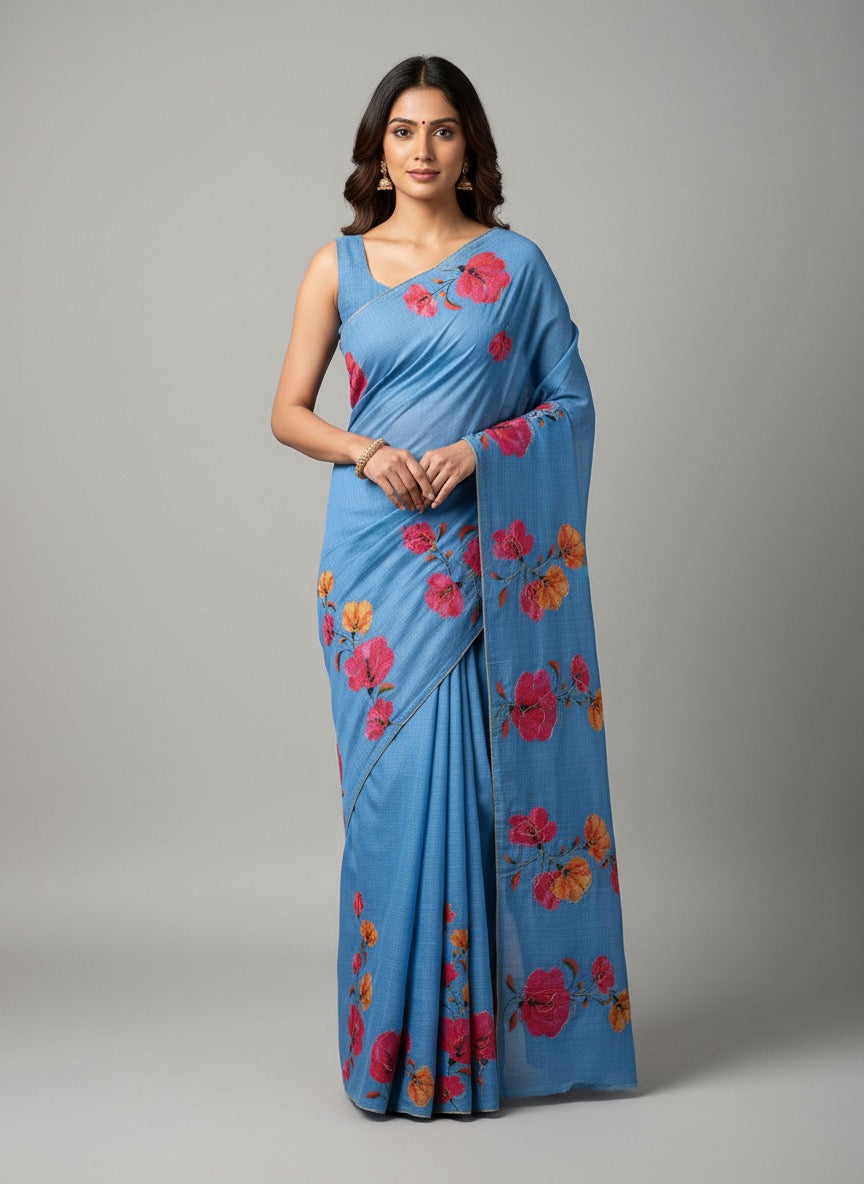 Serene Weave Linen Cotton Saree - Sky Blue