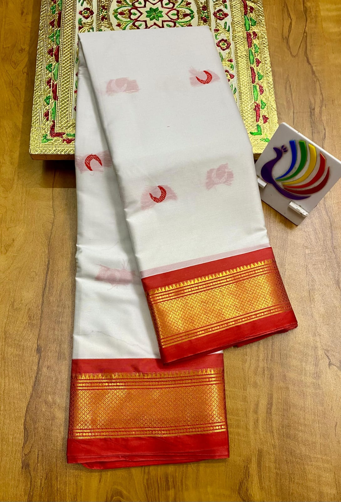 Soft Silk Chandrakor Paithani - White- Red