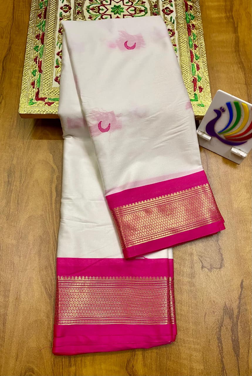 Soft Silk Chandrakor Paithani - White - Pink