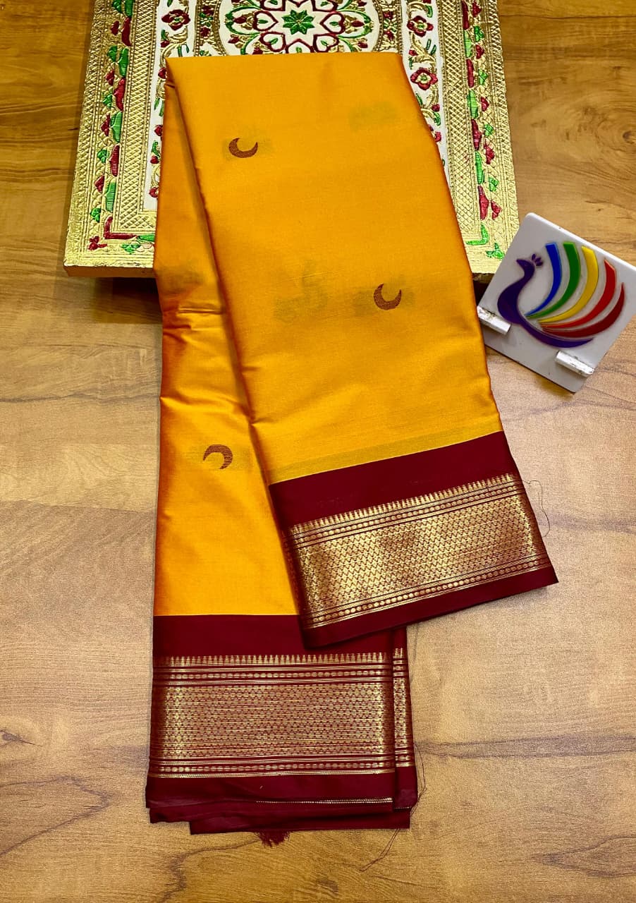 Soft Silk Chandrakor Paithani - Yellow- Maroon