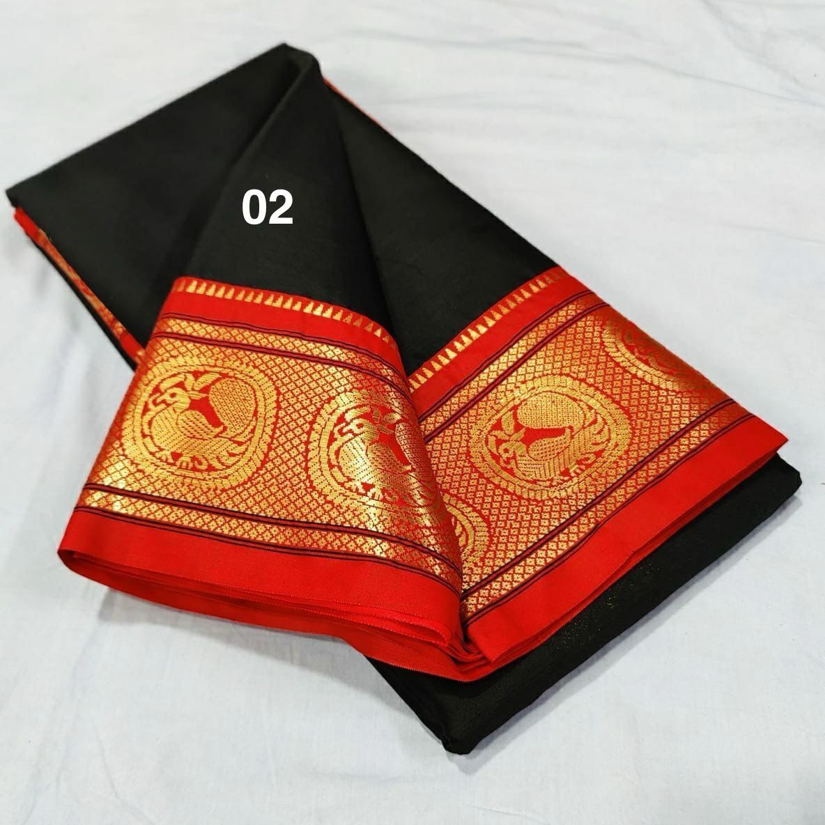 Soft Silk - Black Orange Saree