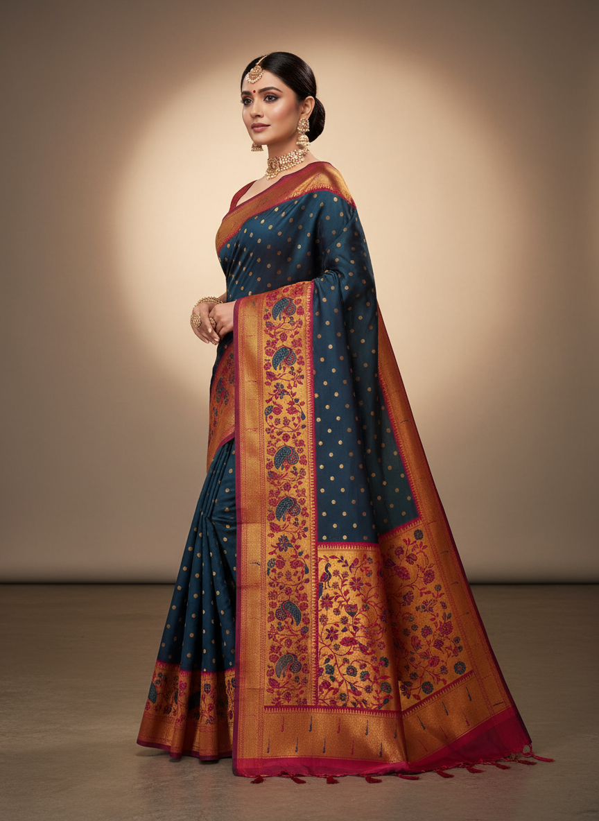 Royal Blue Paithani Silk Saree - Magenta Zari Border