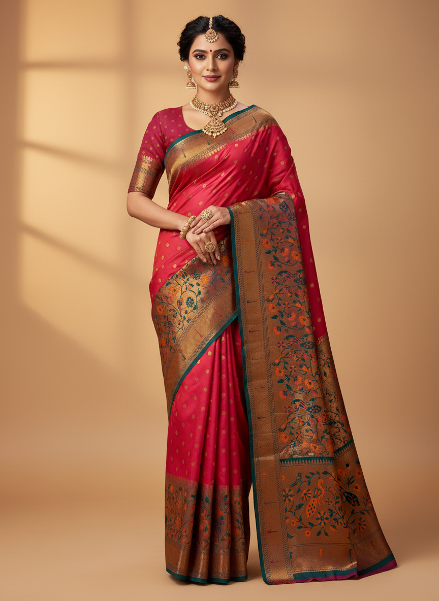 Coral Red Paithani Silk Saree with Copper Zari Border