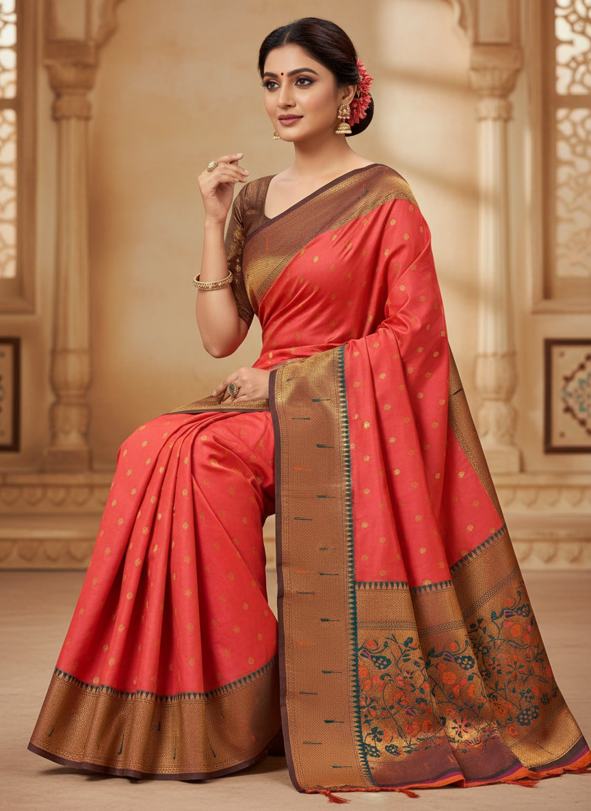 Coral Red Paithani Silk Saree with Copper Zari Border