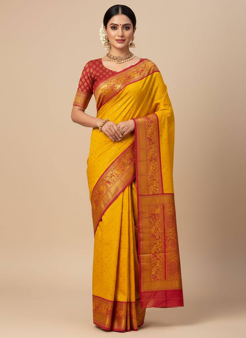 Yellow Paithani Silk Saree - Pink Border