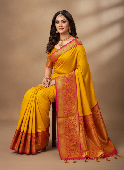 Yellow Paithani Silk Saree - Pink Border