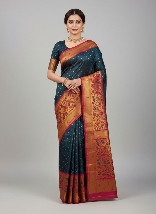 Royal Blue Paithani Silk Saree - Magenta Zari Border