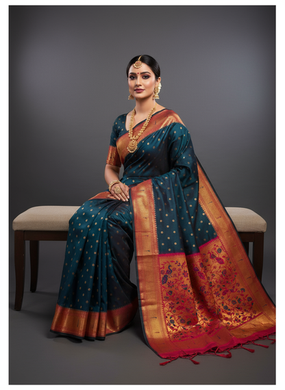 Royal Blue Paithani Silk Saree - Magenta Zari Border