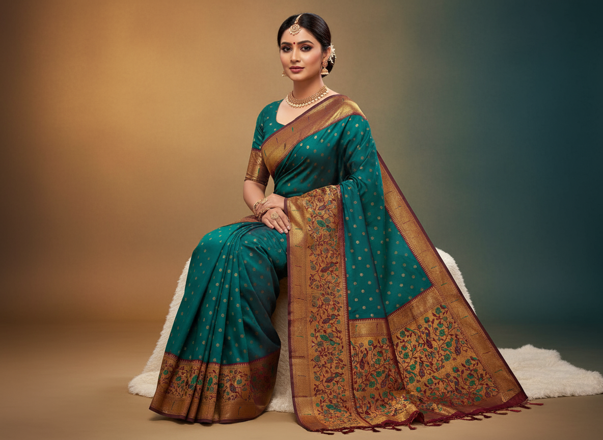 Teal Green Paithani Silk Saree with Gold Zari Border
