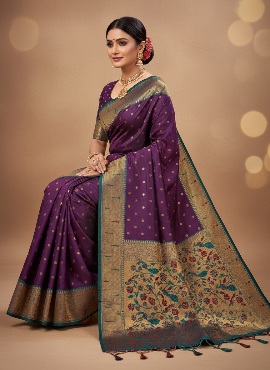 Royal Purple Paithani Silk Saree with Teal Border