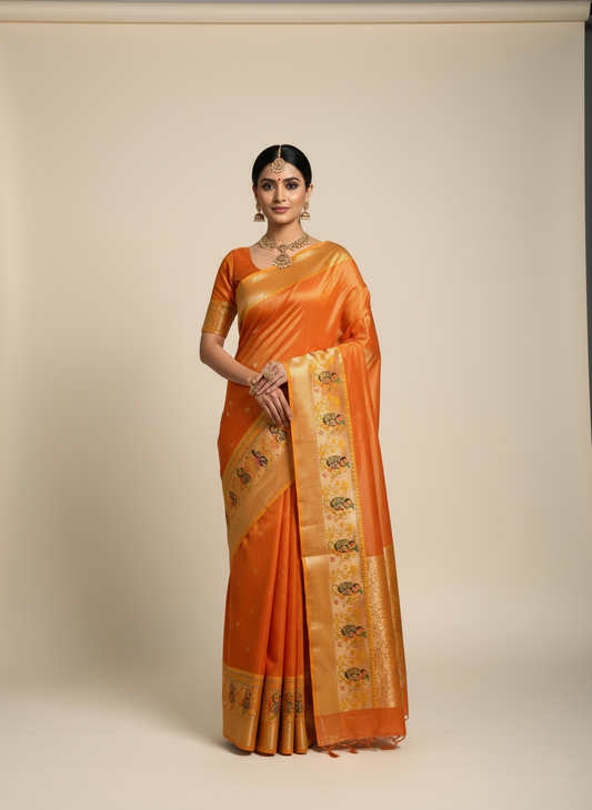 Golden Amber Zari Border - Paithani Silk Saree
