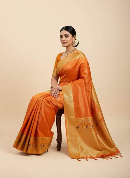 Golden Amber Zari Border - Paithani Silk Saree