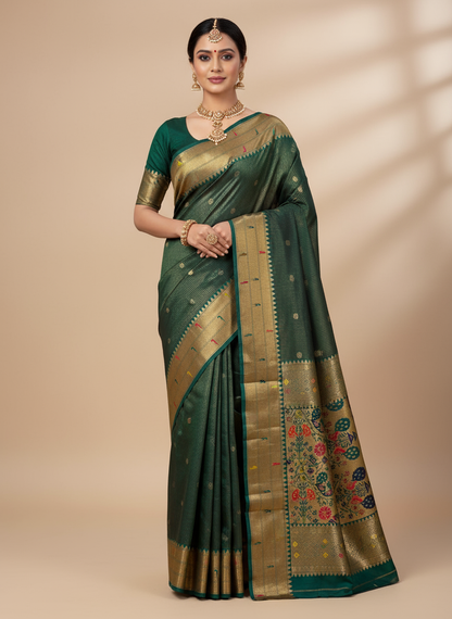 Paithani Silk Saree - Green with Silver Line