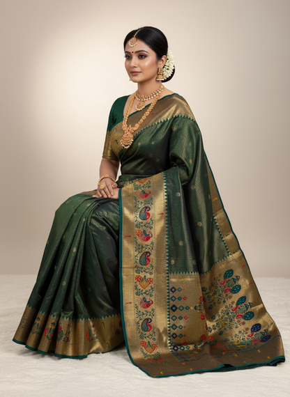 Paithani Silk Saree - Green with Silver Line