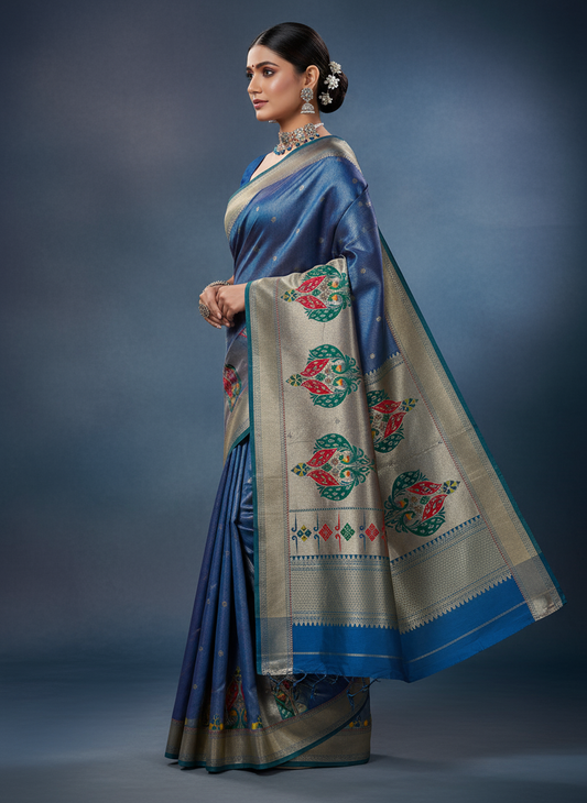 Royal Blue Paithani Silk Saree with Meenakari Pallu