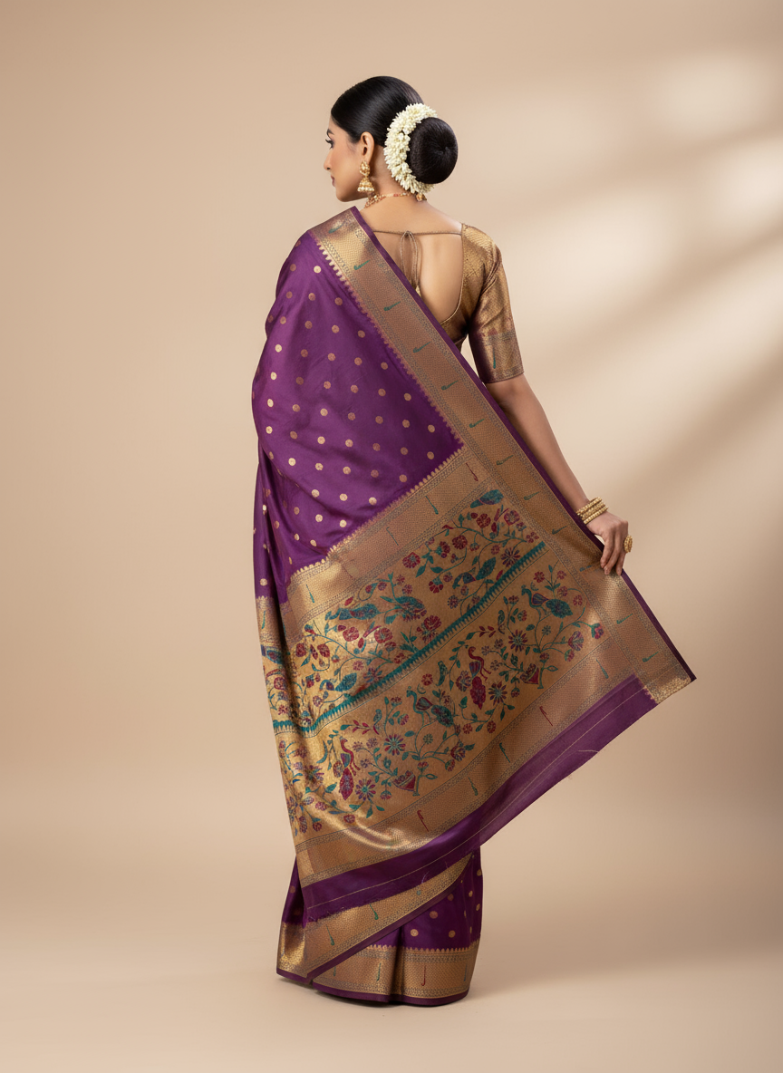 Royal Purple Paithani Silk Saree with Teal Border