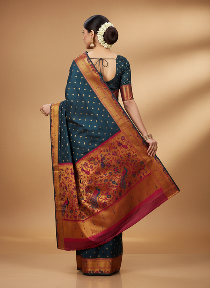 Royal Blue Paithani Silk Saree - Magenta Zari Border