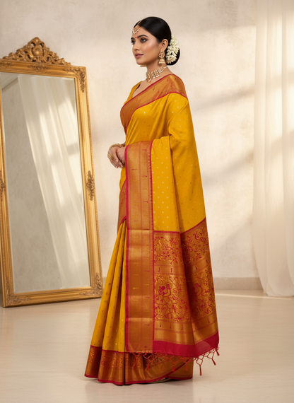 Yellow Paithani Silk Saree - Pink Border