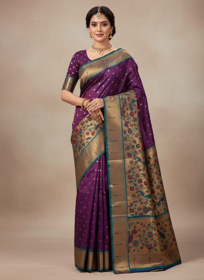 Royal Purple Paithani Silk Saree with Teal Border