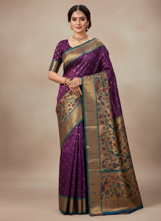 Royal Purple Paithani Silk Saree with Teal Border