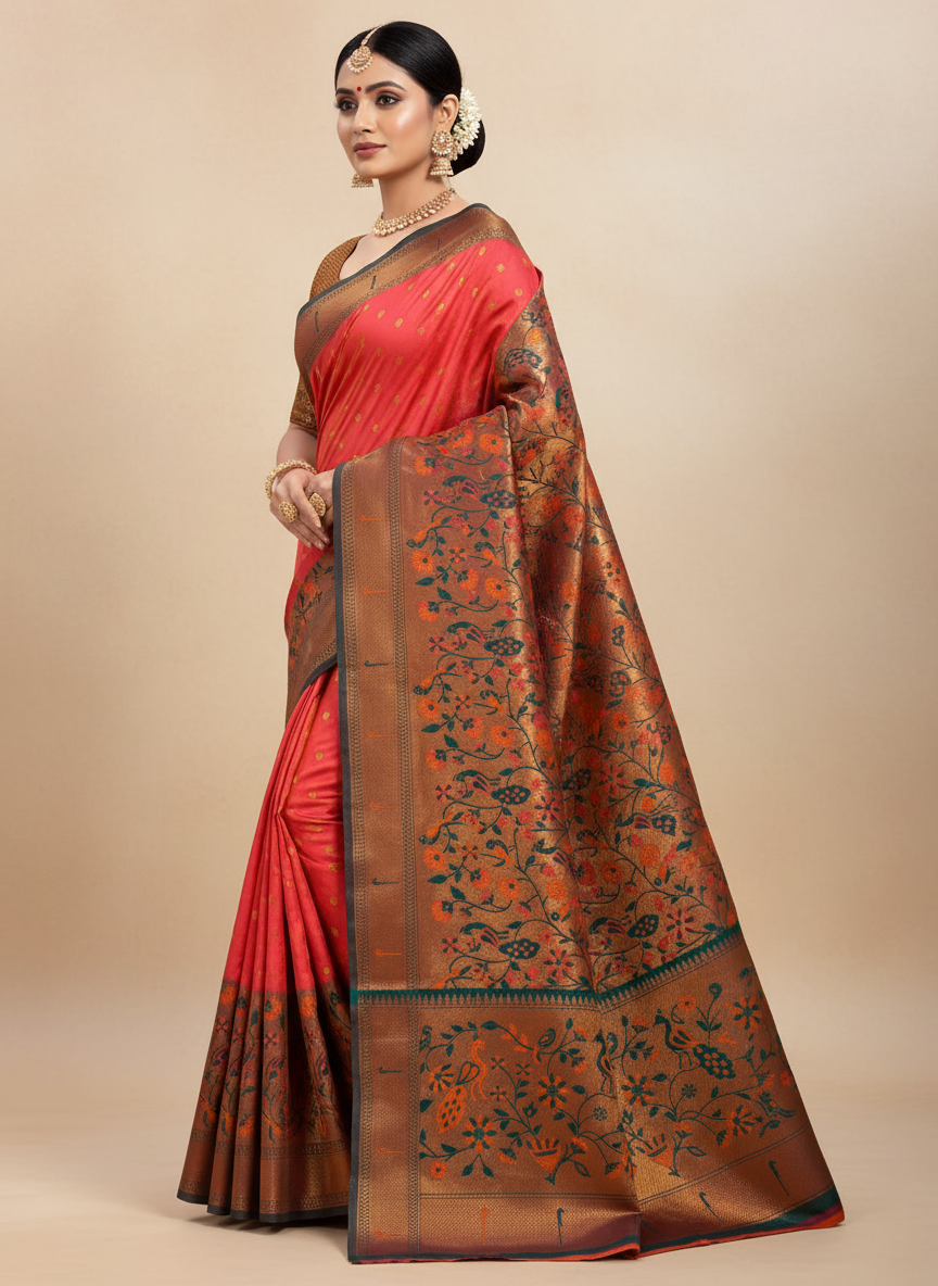 Coral Red Paithani Silk Saree with Copper Zari Border