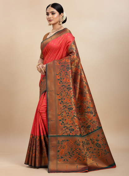 Coral Red Paithani Silk Saree with Copper Zari Border