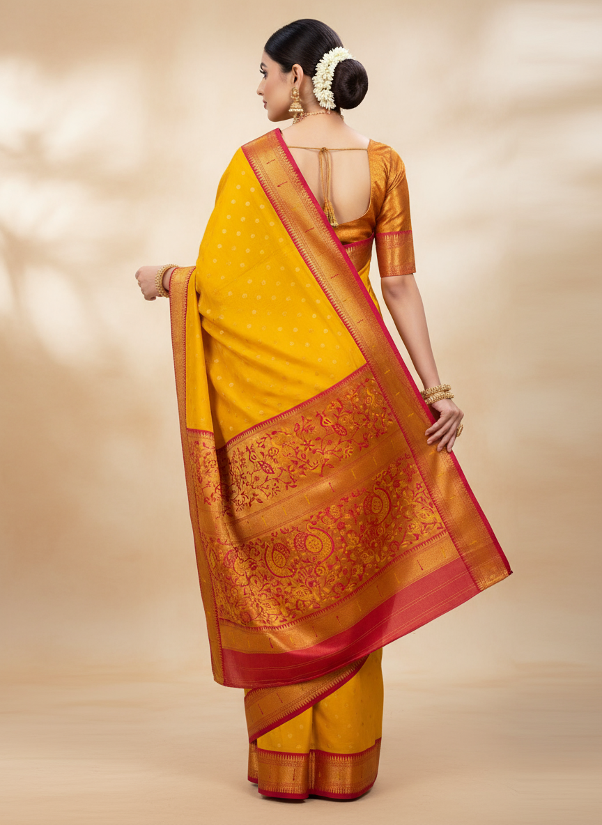 Yellow Paithani Silk Saree - Pink Border