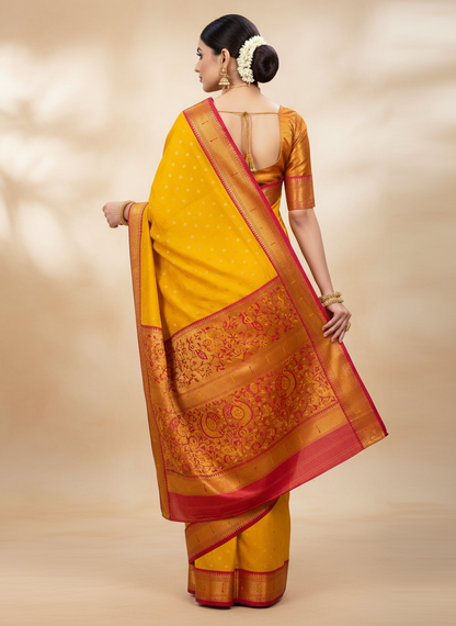 Yellow Paithani Silk Saree - Pink Border