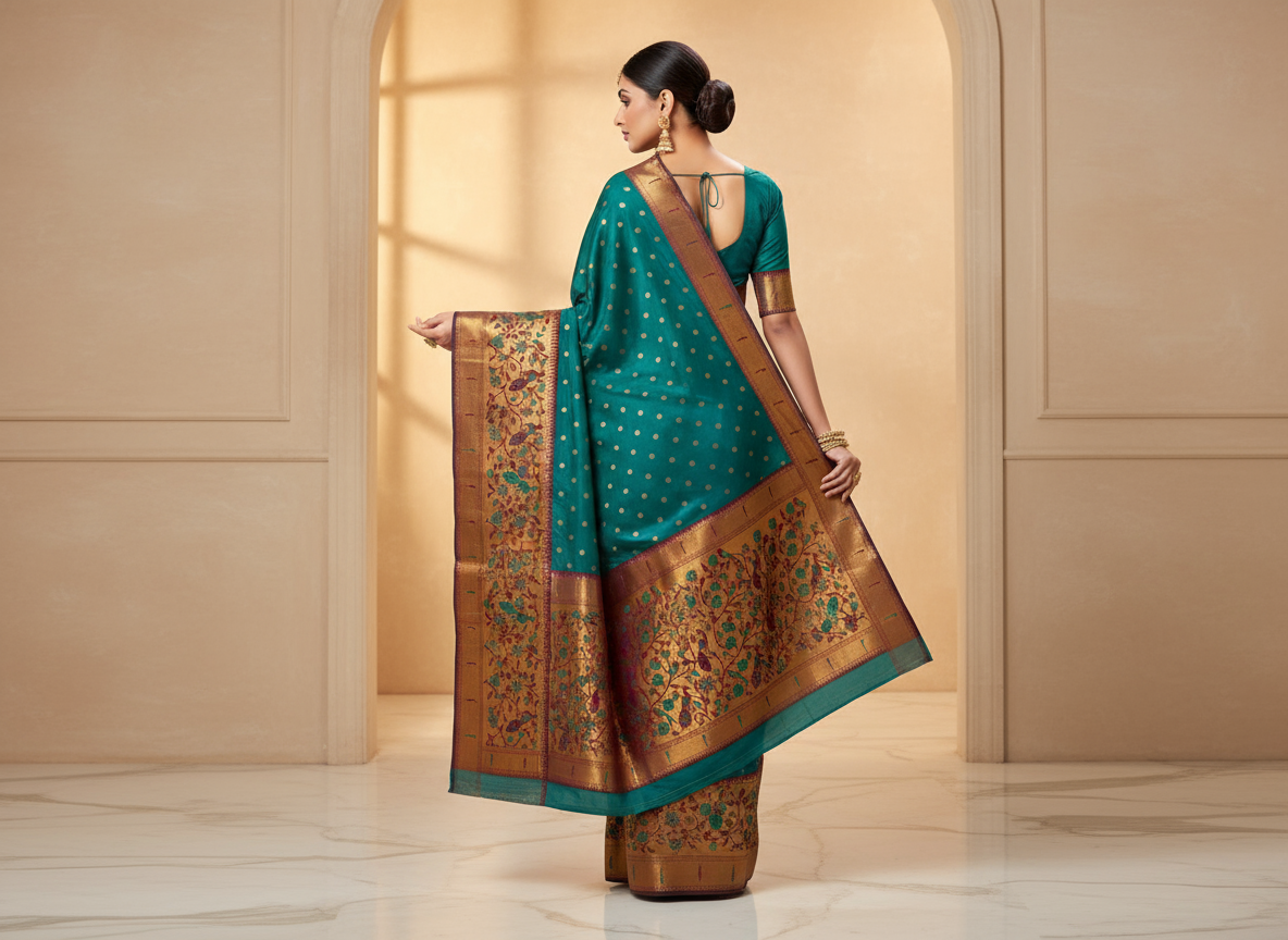 Teal Green Paithani Silk Saree with Gold Zari Border