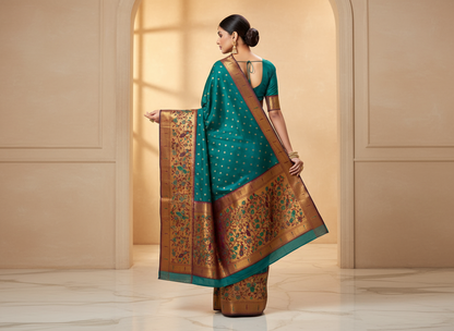 Teal Green Paithani Silk Saree with Gold Zari Border