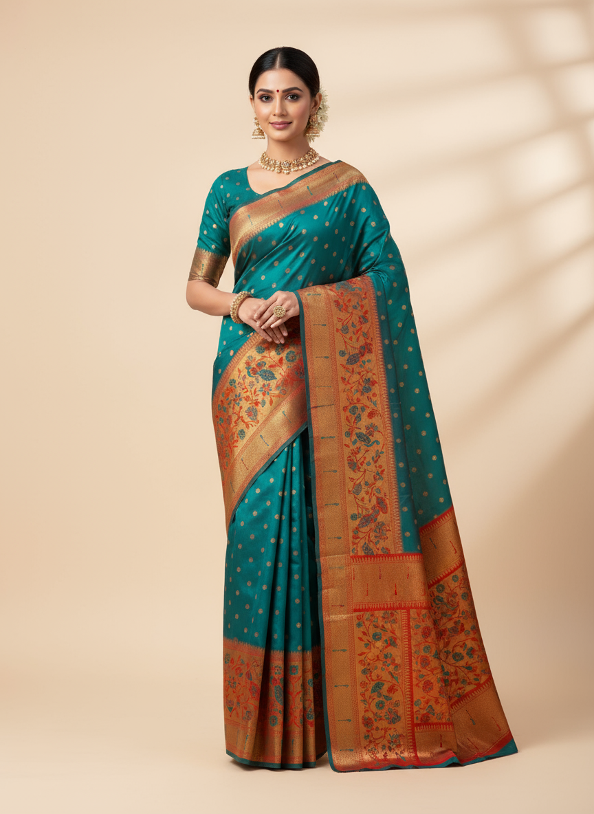 Teal Green Paithani Silk Saree with Gold Zari Border