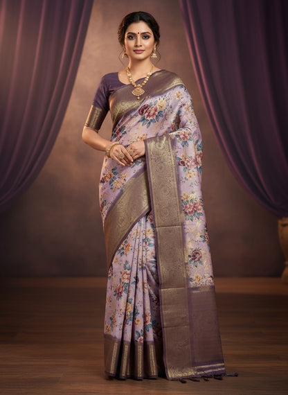 Pattu Silk Floral Printed Saree - Purple