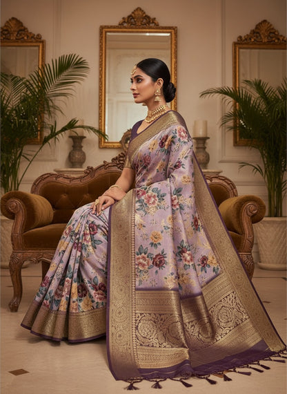 Pattu Silk Floral Printed Saree - Purple