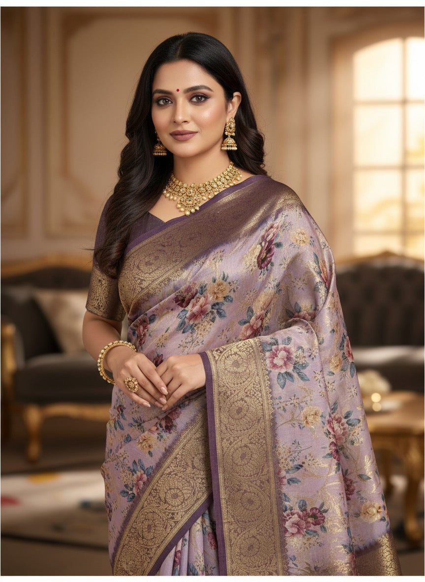Pattu Silk Floral Printed Saree - Purple