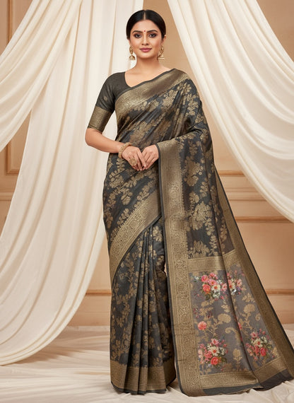 Pattu Silk Floral Printed Saree - Grey