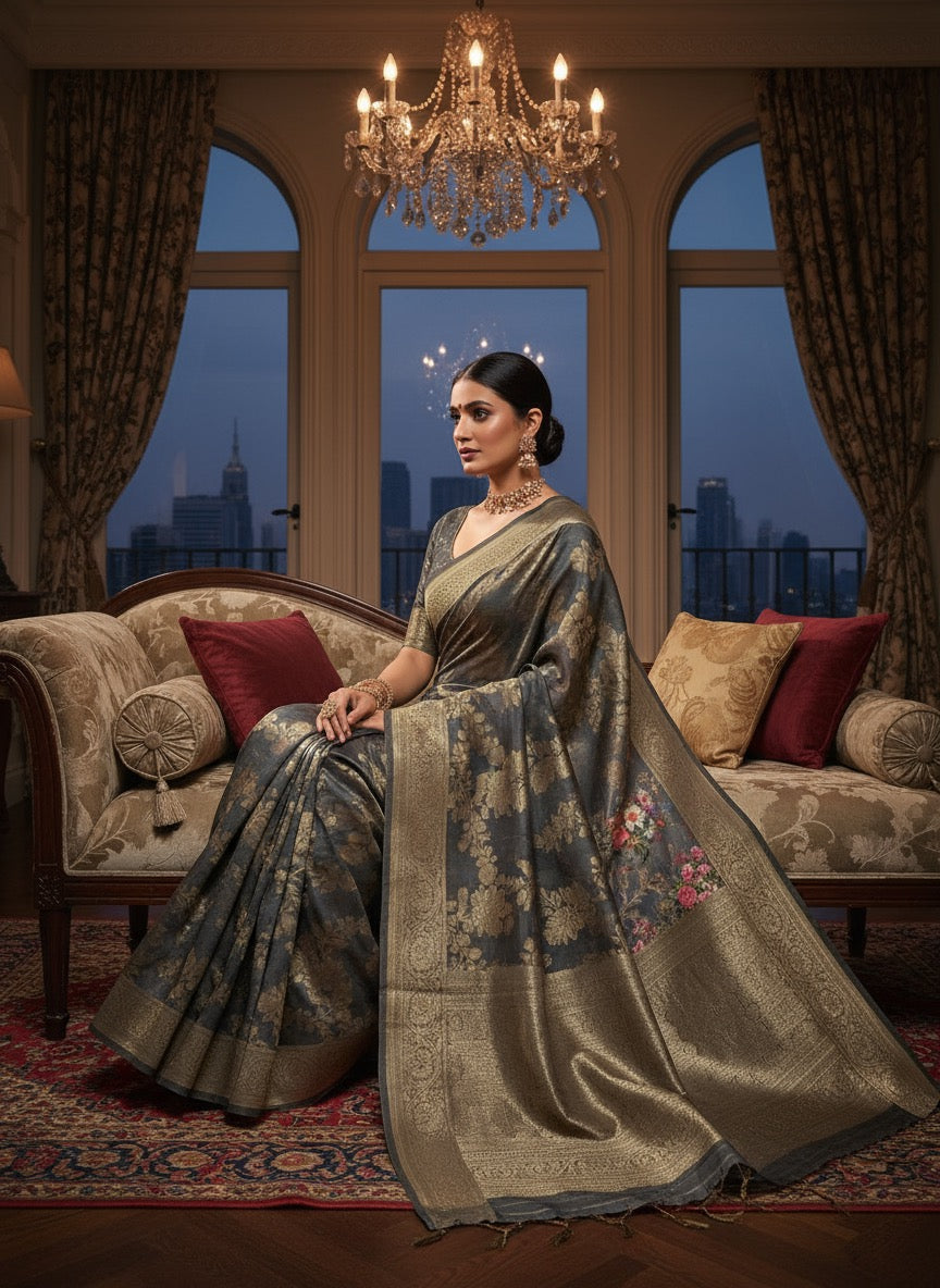 Pattu Silk Floral Printed Saree - Grey