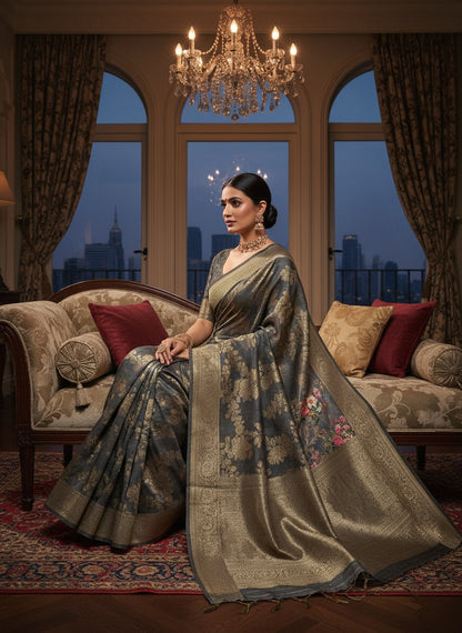 Pattu Silk Floral Printed Saree - Grey