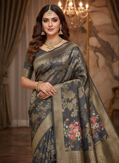 Pattu Silk Floral Printed Saree - Grey