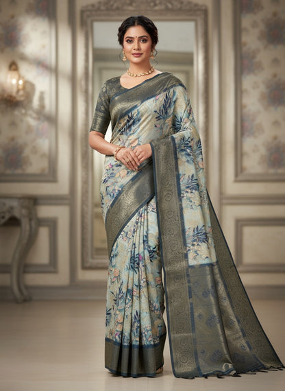 Pattu Silk Floral Printed Saree - Teal Blue