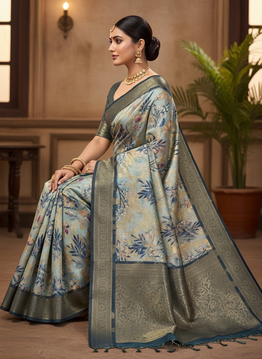 Pattu Silk Floral Printed Saree - Teal Blue
