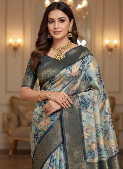 Pattu Silk Floral Printed Saree - Teal Blue