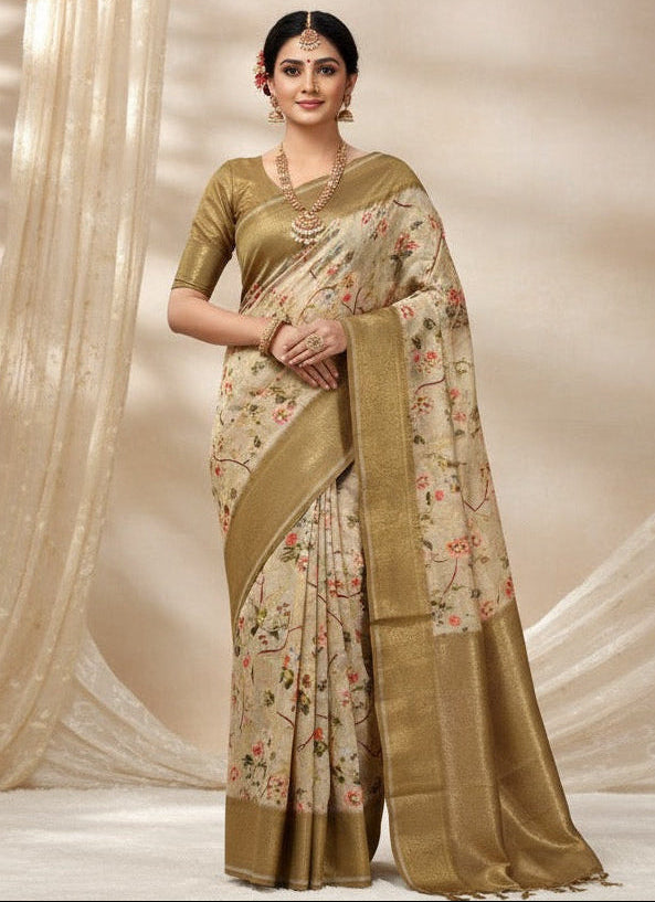 Pattu Silk Floral Printed Saree - Gold