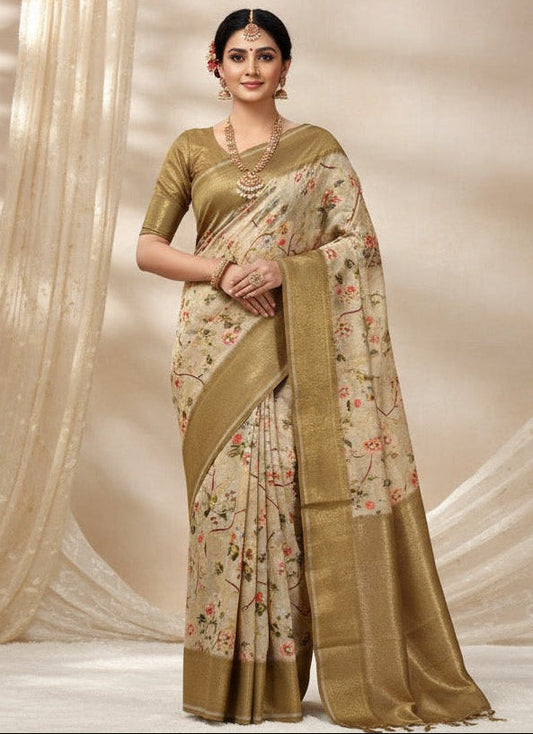 Pattu Silk Floral Printed Saree - Gold