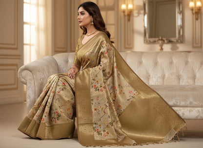 Pattu Silk Floral Printed Saree - Gold